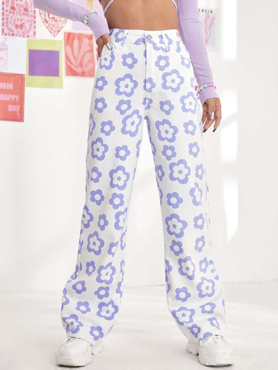 Floral Print High Waist Straight Leg Jeans