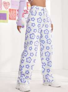 Floral Print High Waist Straight Leg Jeans