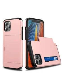 1pc Premium PC Sliding Window Card Slot Dual-Color Dustproof Anti-Slip Phone Case Compatible With IPhone 11 12 13 14 15 16 17 Pro Max, S21 S22 S23 S24 [Due To Different Sizes And Designs Of Each Model, The Black Protective Parts At The Top And Bottom Are Only Available For Some Models] - Pink - View 1
