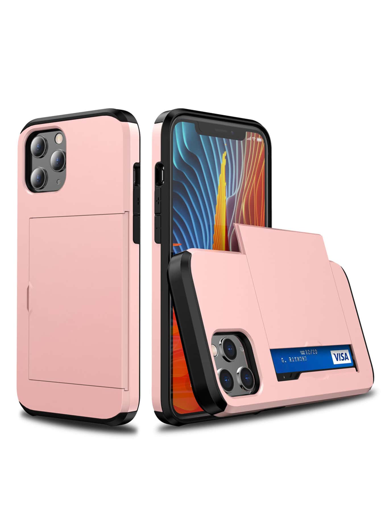 1pc Premium PC Sliding Window Card Slot Dual-Color Dustproof Anti-Slip Phone Case Compatible With IPhone 11 12 13 14 15 16 17 Pro Max, S21 S22 S23 S24 [Due To Different Sizes And Designs Of Each Model, The Black Protective Parts At The Top And Bottom Are Only Available For Some Models] - Pink - View 1