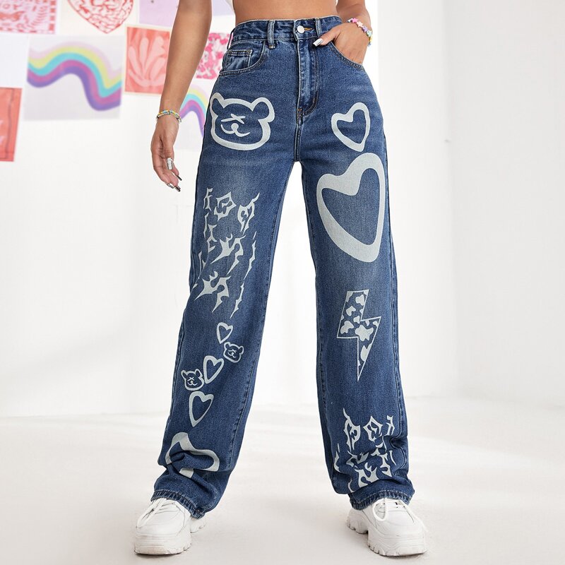 

Heart & Bear Print Straight Leg Jeans, Medium wash