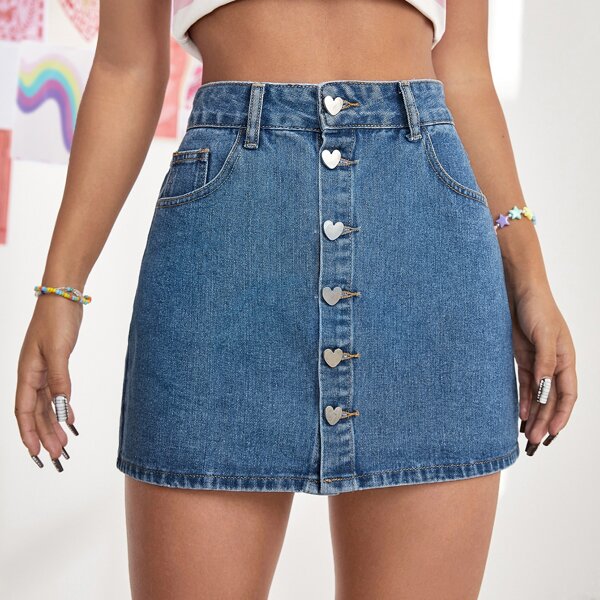 

Button Front Denim Skirt, Medium wash