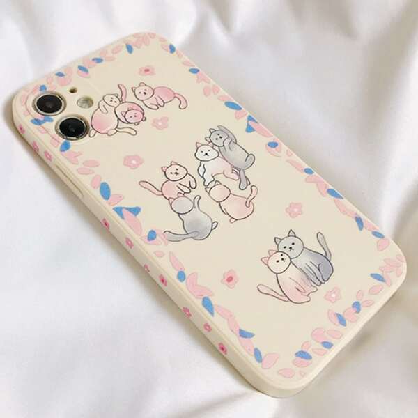 

Cartoon Cat Print Phone Case, Beige