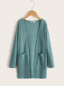 SHEIN Girls Open Front Patch Pocket Rib-knit Coat - Green - View 1