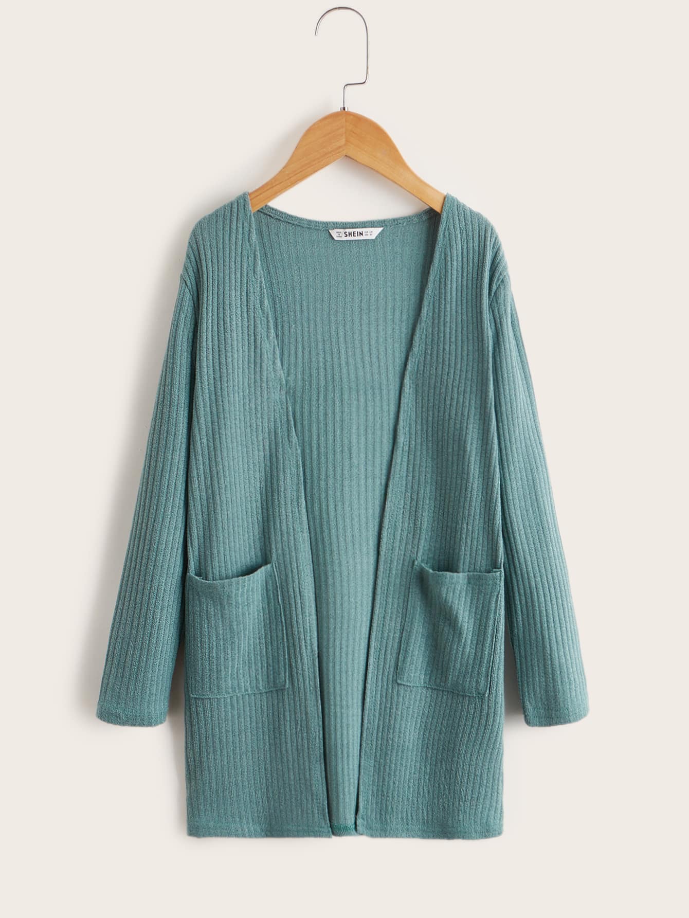 SHEIN Girls Open Front Patch Pocket Rib-knit Coat - Green - View 1