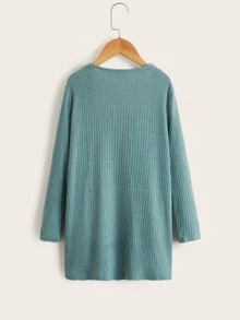 SHEIN Girls Open Front Patch Pocket Rib-knit Coat - Green - View 2