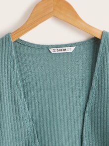 SHEIN Girls Open Front Patch Pocket Rib-knit Coat - Green - View 4