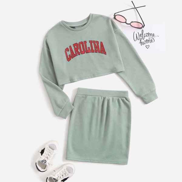 

Girls Letter Graphic Drop Shoulder Pullover & Skirt Set, Mint green