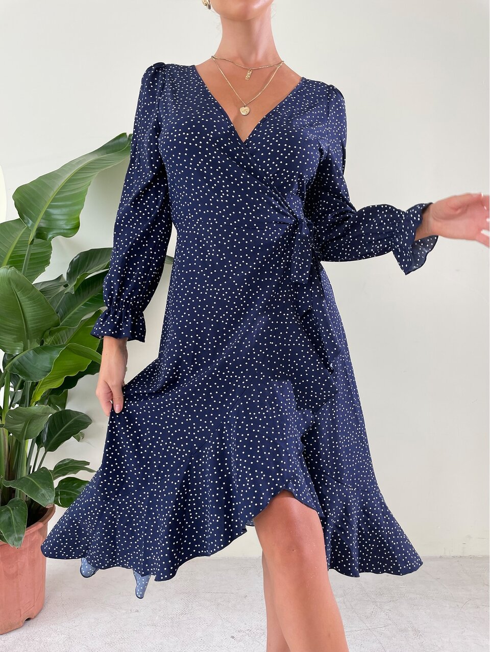 Polka Dot Print Flounce Sleeve Tie Side Wrap Dress