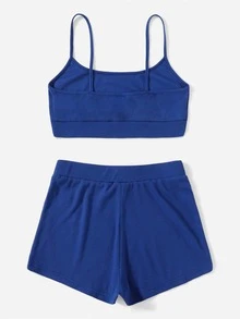 SHEIN EZwear 字母刺繡吊帶上衣和短褲套裝 - 藍色 - 查看 2