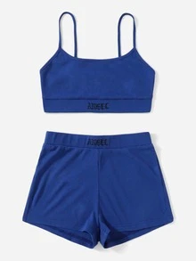 SHEIN EZwear 字母刺繡吊帶上衣和短褲套裝 - 藍色 - 查看 3
