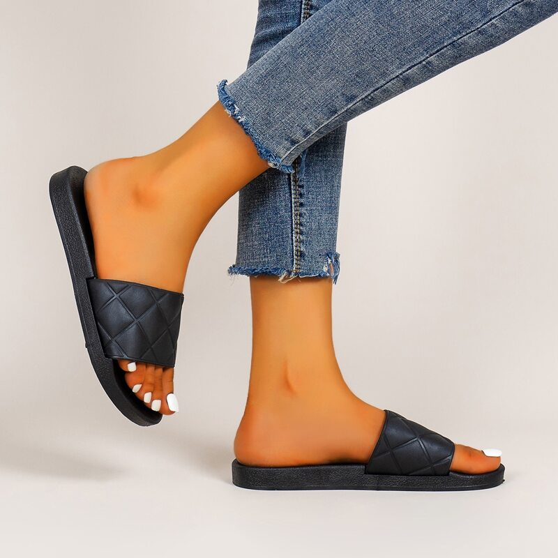 

Minimalist Quilted Pattern Slides, Black