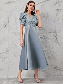 Modelyn Puff Sleeve Floral Jacquard Bodice Dress