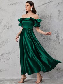 SHEIN Belle Vestido de dama de honor de hombros descubiertos ribete con fruncido - Verde - Ver 1