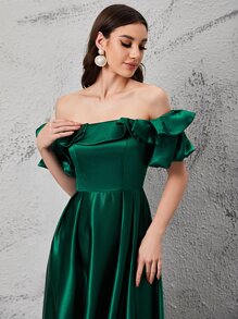 SHEIN Belle Vestido de dama de honor de hombros descubiertos ribete con fruncido - Verde - Ver 3