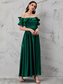 SHEIN Belle Vestido de dama de honor de hombros descubiertos ribete con fruncido - Verde - Ver 4