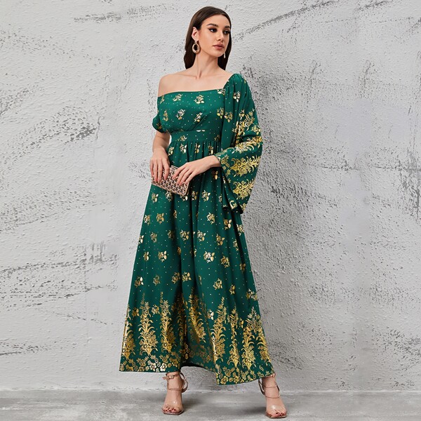 

Asymmetrical Neck Floral Print Dress, Green