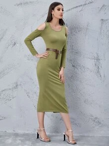 SHEIN Unity Solid Cold Shoulder Split Hem Jumper Dress Without Belt - Olive Green - View 5