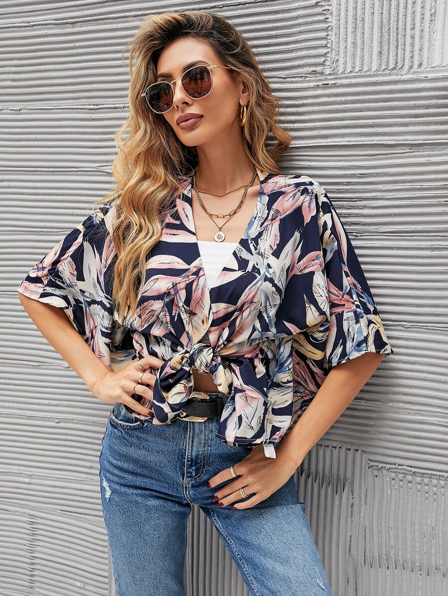 Plants Print Button Front Boxy Blouse - Multicolor - View 1