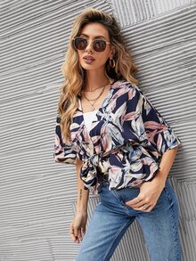 Plants Print Button Front Boxy Blouse - Multicolor - View 3