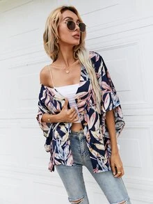 Plants Print Button Front Boxy Blouse - Multicolor - View 4