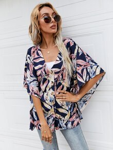 Plants Print Button Front Boxy Blouse - Multicolor - View 6