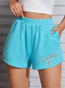 SHEIN Quần short Túi Lá thư Giải trí - Màu xanh bạc hà - Xem 1