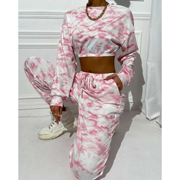 

Tie Dye Crop Sweatshirt & Sweatpants, Multicolor