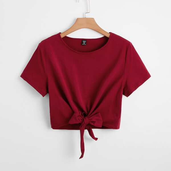 

Plus Solid Tie Hem Tee, Burgundy