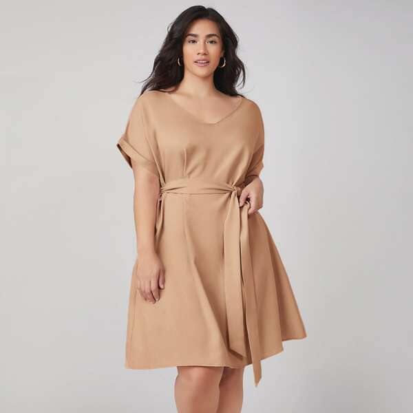 

Plus Roll Up Sleeve Solid Belted Dress, Khaki