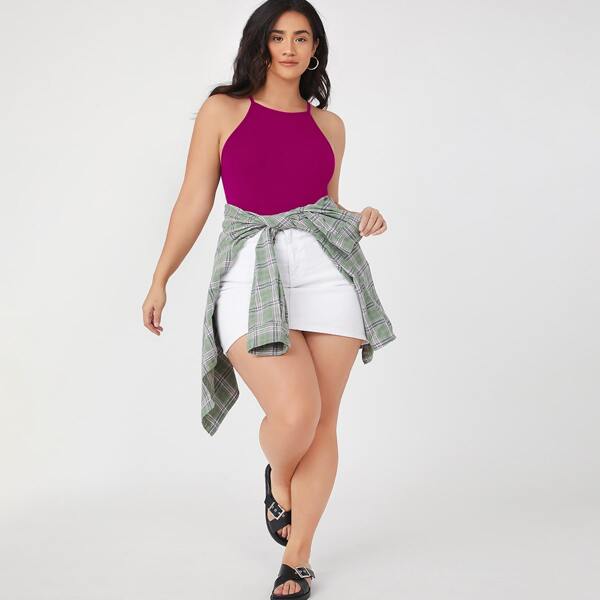 

Plus Solid Halter Bodysuit, Red violet