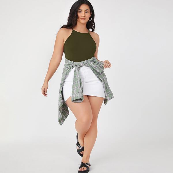 

Plus Solid Halter Bodysuit, Army green