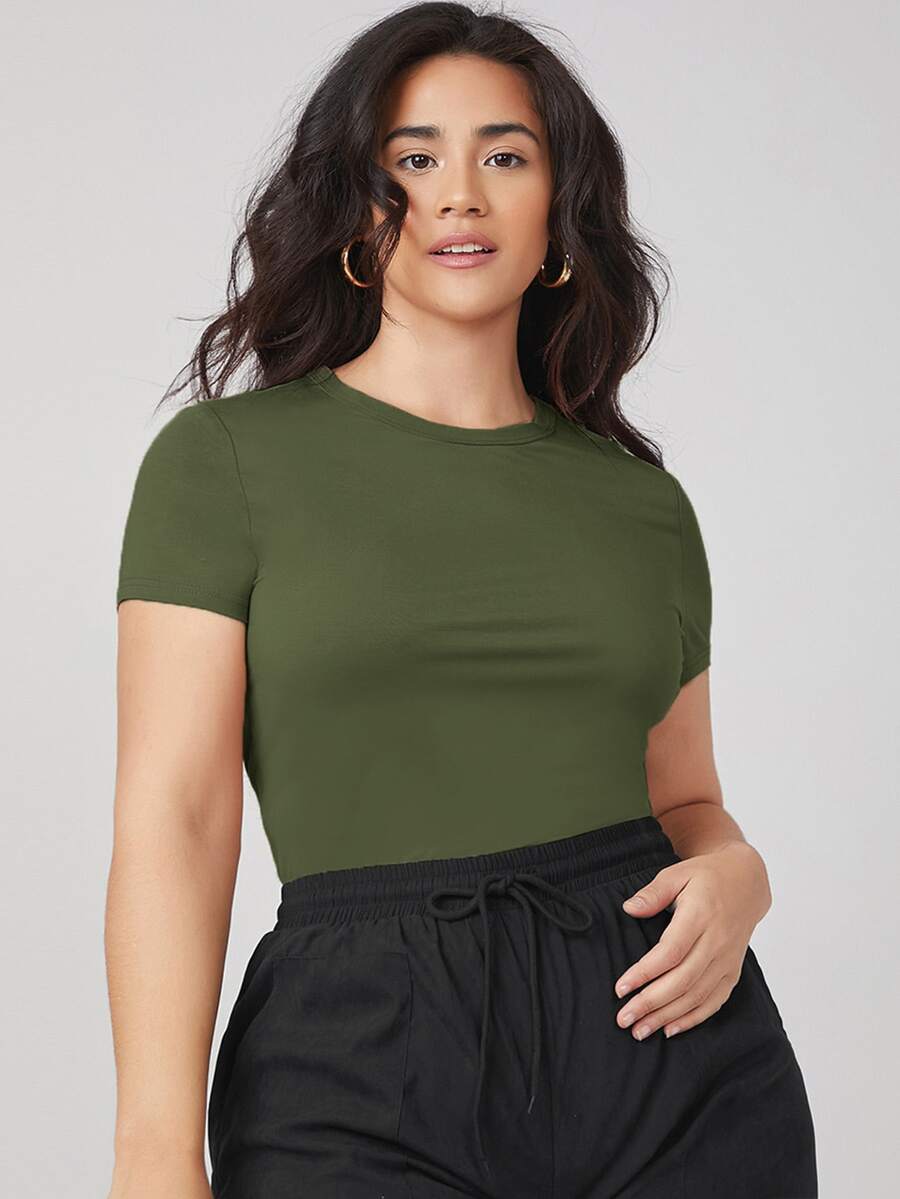 SHEIN BASICS 大碼圓領素色緊身T恤 - 軍綠色 - 查看 1
