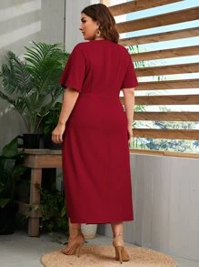 Mulvari Burgundy Red Plus Flutter Sleeve Twist Detail Wrap Hem Dress - Burgundy - View 2