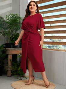 Mulvari Burgundy Red Plus Flutter Sleeve Twist Detail Wrap Hem Dress - Burgundy - View 4