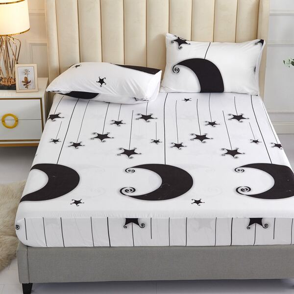 

Moon & Star Print Fitted Sheet Sets Without Filler, Black and white