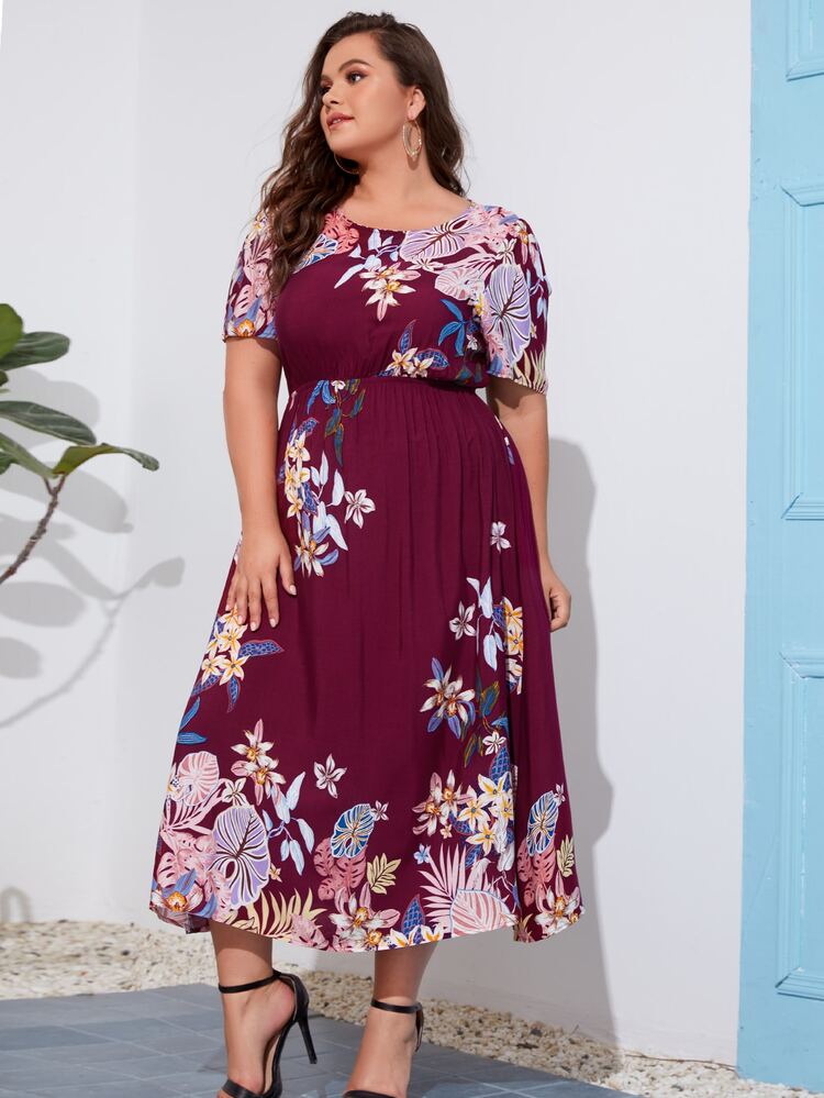 SHEIN 大碼印花擴口下擺洋裝 - 彩色 - 查看 3