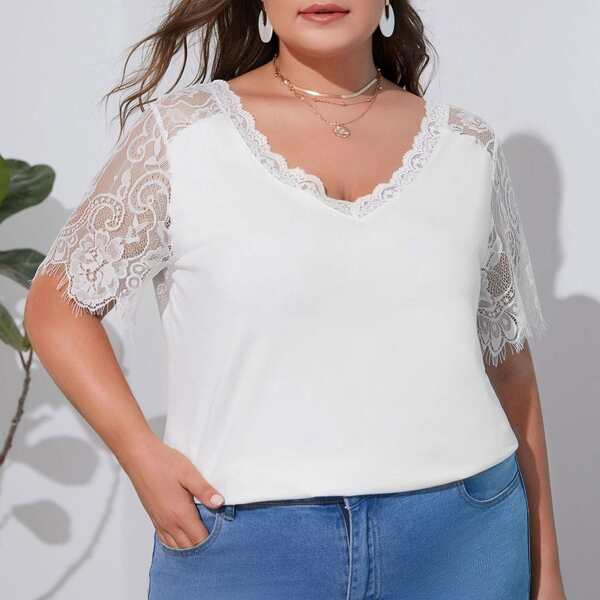 

Plus Eyelash Lace Raglan Sleeve Tee, White