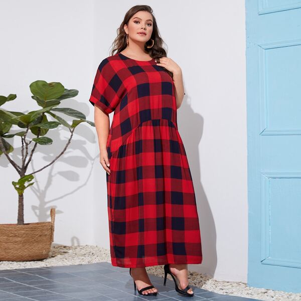 

Plus Gingham Roll Up Sleeve Dress, Red