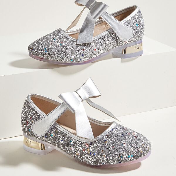 

Girls Glitter & Bow Decor Mary Jane Flats, Silver