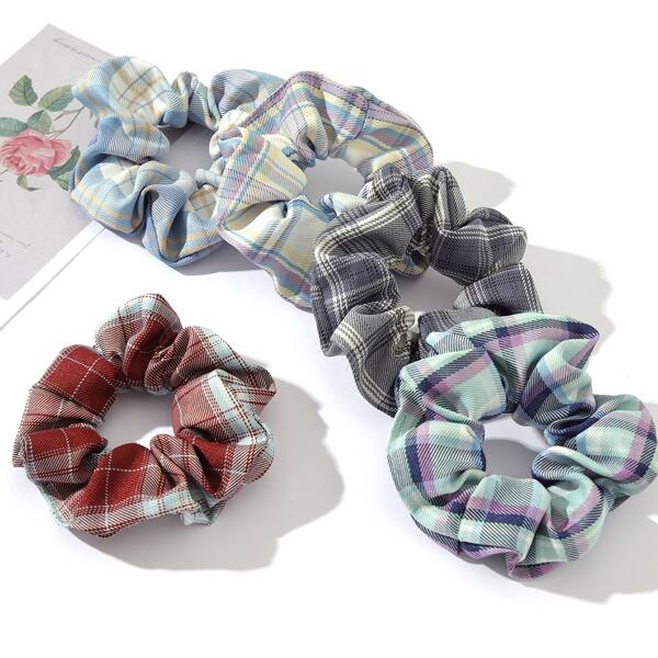 

5pcs Plaid Scrunchies, Multicolor