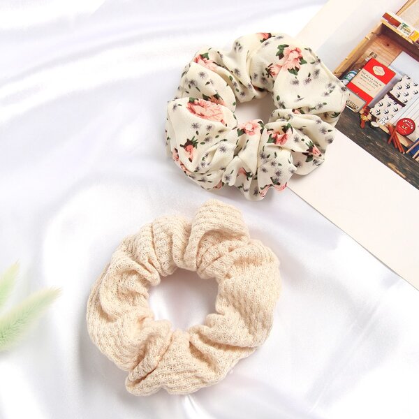 

2pcs Flower Print Scrunchies, Beige