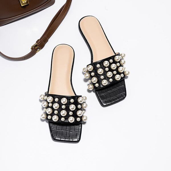 

Faux Pearls Decor Slide Sandals, Black
