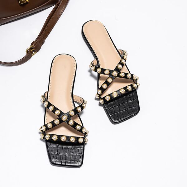 

Faux Pearls & Studded Decor Slide Sandals, Black