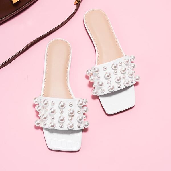 

Faux Pearls Decor Slide Sandals, White