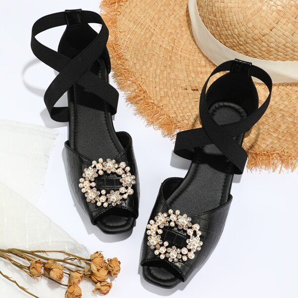 

Pearls & Rhinestone Decor Ballet Flats, Black