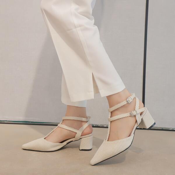 

Knit Chunky Strappy Pumps, Beige