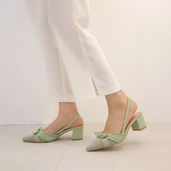 

Knit Bow Decor Slingback Pumps, Green
