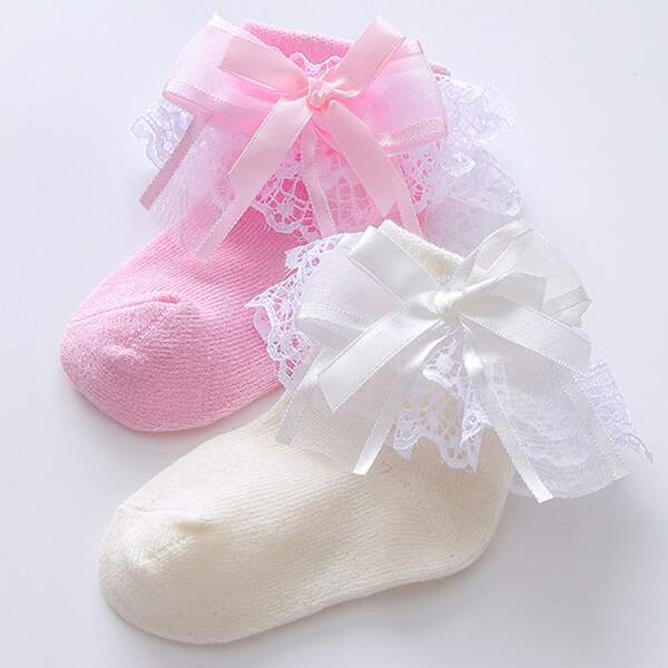 

2pairs Baby Bow Decor Lace Trim Ankle Socks, Multicolor