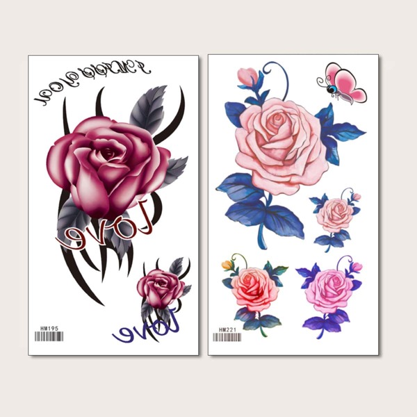 

2pcs Flower Pattern Tattoo Sticker, Red